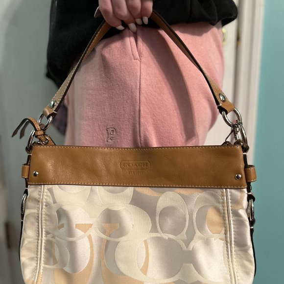 Coach NWOT Vintage Zoe Tan Beige Satin & Leather Shoulder Bag F14711 - Picture 5 of 10